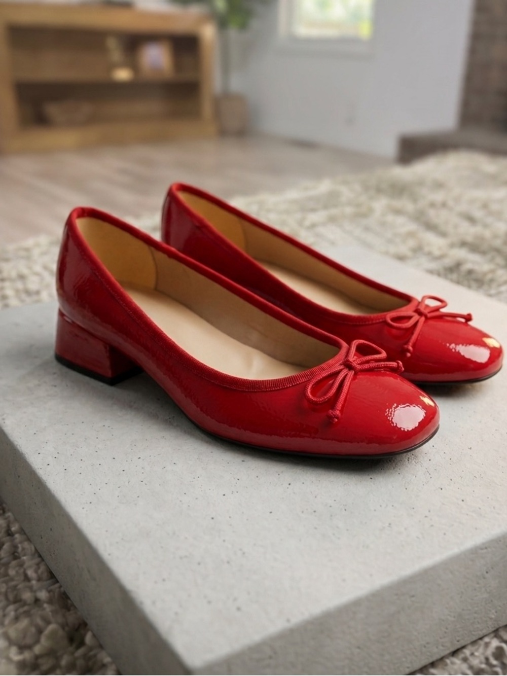 Unisa Red Patent Low Block Heel Ballet Bow Tie Pump - Women Size 9